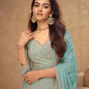 Sky Blue Chinon Palazzo Set Designer Outfit for Women