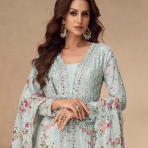 Aqua Sky Blue Chinon Straight Suit Ethnic Designer Look
