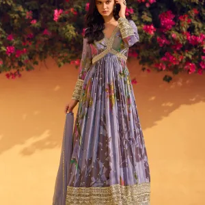 Lavender Floral Chinon Anarkali for Wome...