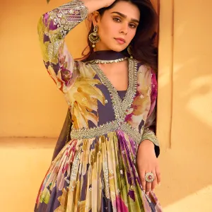 Purple Floral Chinon Anarkali for Women Designer Look