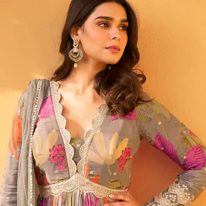 Grey Floral Chinon Anarkali for Women Stylish Ethnic Wear
