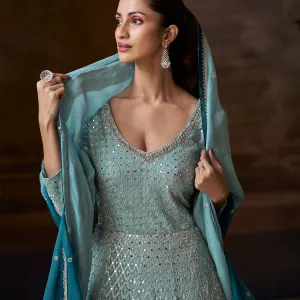 Sky Blue Chinon Anarkali Suit for Women Festive Celebrations