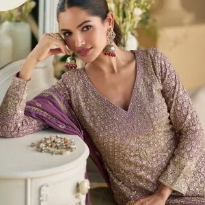 Lavender Georgette Peplum Style Designer Suit Set for Women