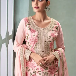 Pink Chinon Long Straight Suit for Women Wedding Wear
