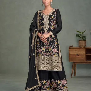 Black Chinon Long Straight Suit for Wome...