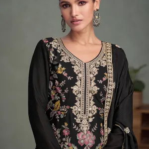 Black Chinon Long Straight Suit for Women Wedding Wear