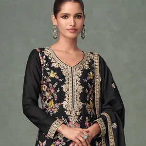 Black Chinon Long Straight Suit for Women Wedding Wear