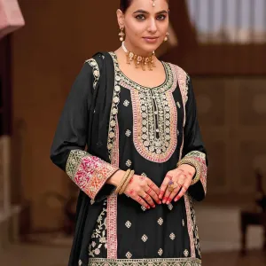 Black Heavy Embroidered Chinon Sharara Suit for Women