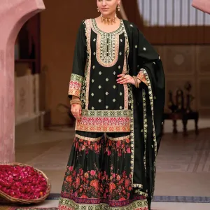 White Heavy Embroidered Chinon Sharara Suit for Women