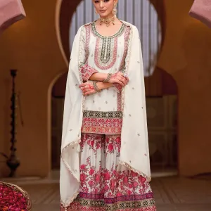 White Heavy Embroidered Chinon Sharara S...