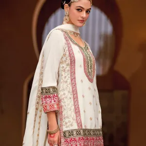 White Heavy Embroidered Chinon Sharara Suit for Women