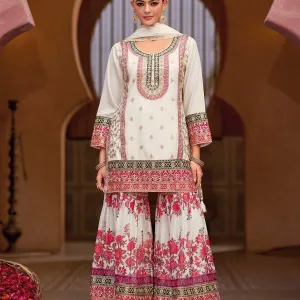 White Heavy Embroidered Chinon Sharara Suit for Women