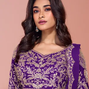 Purple Georgette Heavy Embroidered Sharara Suit for Women