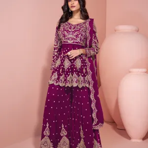 Magenta Georgette Heavy Embroidered Shar...