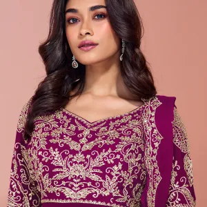 Magenta Georgette Heavy Embroidered Sharara Suit for Women