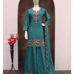 Aqua Blue Silk Sharara Suit for Women Simple Ethnic Wear