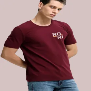 RORI Men's Cherry Brown Pure Cotton T-Shirt | Round Neck | Half Sleeves | Soft & Breathable Fabric | Premium Casual Wear