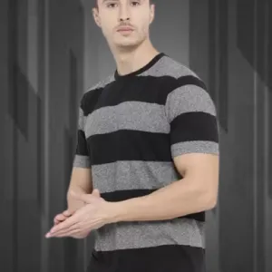 Men's Premium Poly Cotton Black & Grey Striped Half Sleeve T-Shirt | Stylish Casual Wear Round Neck Tee