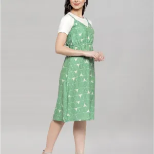 ATTIRIS Women's Poly Cotton Printed A-Line Knee Length T - Shirt Style Round Neck Dress, Green