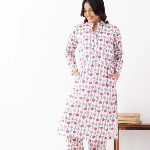 Women’s White & Pink Floral Cotton Kurta...