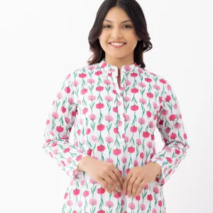 Women’s White & Pink Floral Cotton Kurta Set