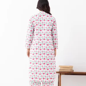 Women’s White & Pink Floral Cotton Kurta Set