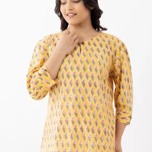 Mustard Yellow Printed Cotton Kurta Set with Tapered Pants