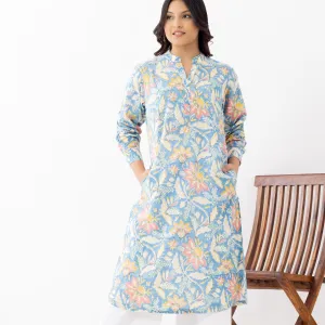 Pastel Blue Floral Print Cotton Kurta with White Pants