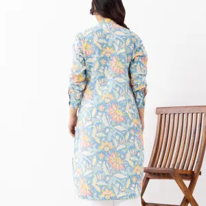 Pastel Blue Floral Print Cotton Kurta with White Pants