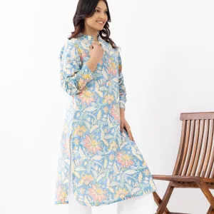 Pastel Blue Floral Print Cotton Kurta with White Pants
