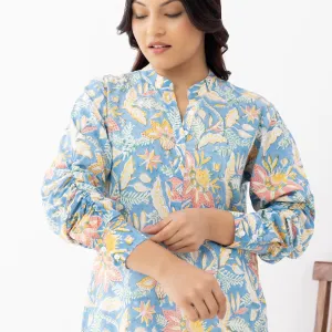 Pastel Blue Floral Print Cotton Kurta with White Pants
