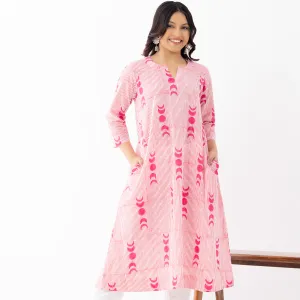 Pink White Tie Dye Print Cotton Anarkali...