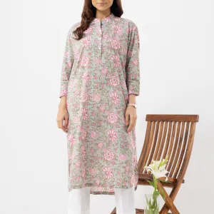 Soft Pink Floral Print Straight Kurta in...