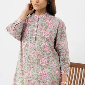 Soft Pink Floral Print Straight Kurta in Cotton