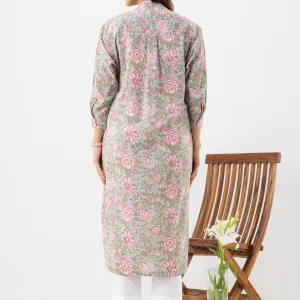 Soft Pink Floral Print Straight Kurta in Cotton