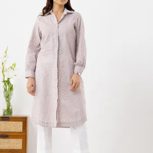 Printed Shirt-Style Cotton Kurta in Mauve Tones