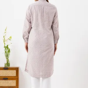 Printed Shirt-Style Cotton Kurta in Mauve Tones