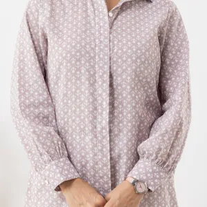 Printed Shirt-Style Cotton Kurta in Mauve Tones