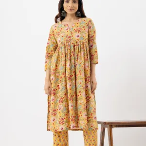 Mustard Yellow Floral Printed Cotton Kur...
