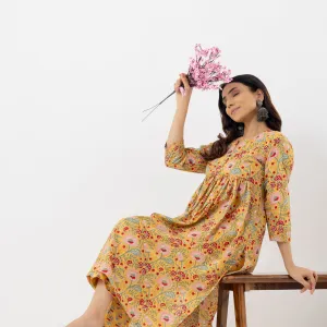 Mustard Yellow Floral Printed Cotton Kurta Set