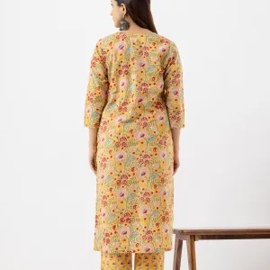 Mustard Yellow Floral Printed Cotton Kurta Set