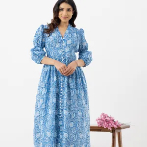 Elegant Blue Floral Printed Maxi Dress