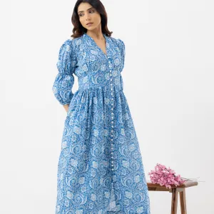 Elegant Blue Floral Printed Maxi Dress