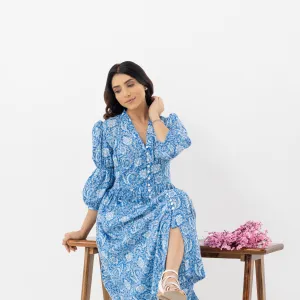 Elegant Blue Floral Printed Maxi Dress