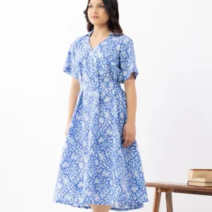 Blue Floral Printed Wrap-Style Midi Dress