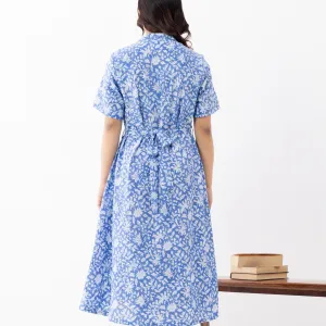 Blue Floral Printed Wrap-Style Midi Dress