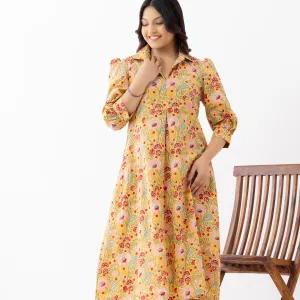 Yellow Floral Printed A-Line Midi Dress