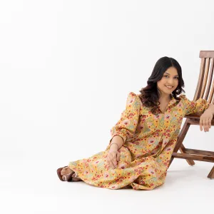 Yellow Floral Printed A-Line Midi Dress