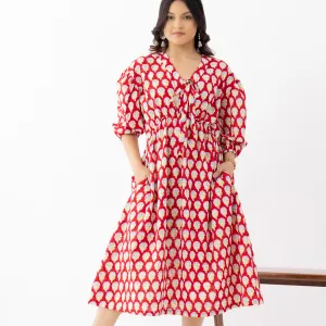 Bold Red Ethnic Printed Gathered Midi Dr...