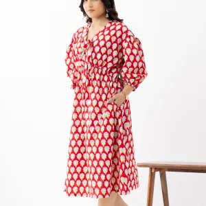 Bold Red Ethnic Printed Gathered Midi Dress